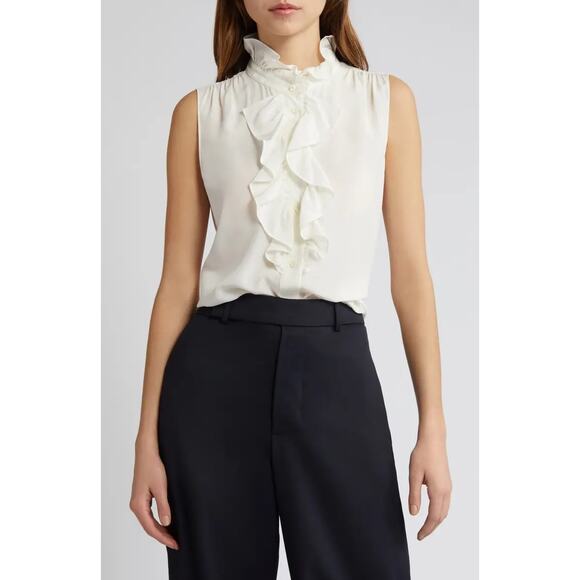 FRAME Ruffle Sleeveless Silk Crepe White Top - Picture 2 of 11